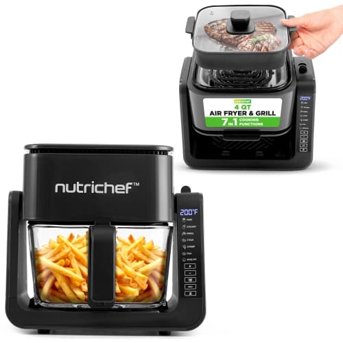 NutriChef 4 Qt 7-in-1 Air Fryer & Grill Combo – Transparent Glass Fry Bowl, Cooks Steak, Shrimp, Fries & More, 1.2 Qt Grill Insert, Easy Clean, Black
