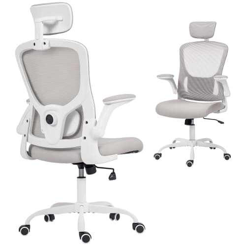 HOMCOM Ergonomic Office Chair, High Back Mesh Desk Chair with Adjustable Headrest, Lumbar Support and Height, Flip-Up Armrests, Swivel Wheels, Tilting Function, Grey