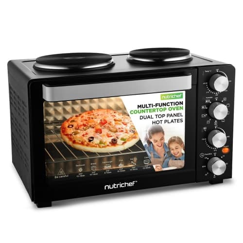 NutriChef, Toaster Oven, Convection Oven Countertop, Pizza and Rotisserie Roaster Cooker & Grill, W/ Oven Timer, 2-in-1 Dual Hotplate, Includes Baking Tray, Skewers, Handles