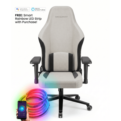 WINGOMART Ergonomic Gaming Chair with Memory Foam Support & 4D Armrests – High-Back 180° Reclining Linen Executive Office Chair w/ Flat Alloy Base w/ a desktop led strip