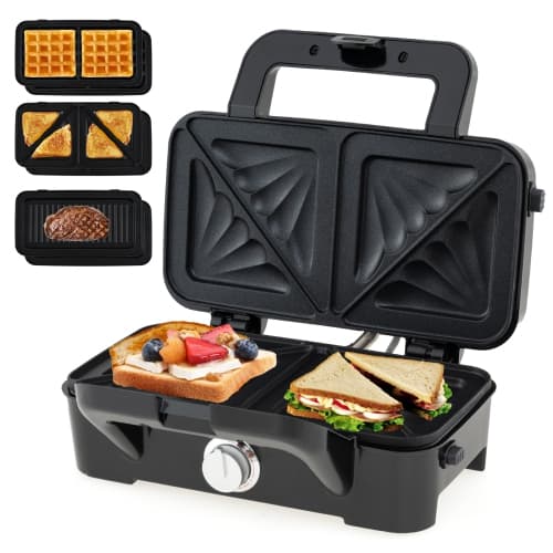 Costway 3 in 1 Waffle Iron Panini Press Grill and Sandwich Maker Set with Removable Non-Stick Plates & Portable Cool Touch Handle