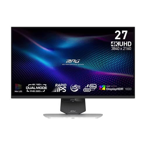 MSI 27" 4K Dual Mode 160Hz UHD / 320Hz FHD 0.5ms (GTG) Rapid IPS with Mini-LED White Gaming Monitor Height adjustable G-SYNC Compatible FreeSync Premium Pro (MPG 274URDFW E16M)