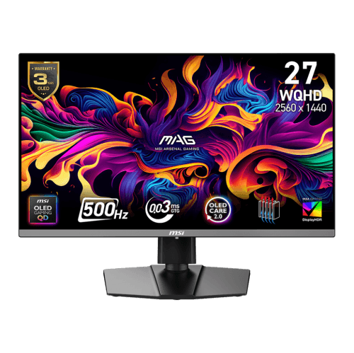 MSI 27" 2560 x 1440 (QHD) 500Hz 0.03ms (GTG) QD-OLED Gaming Monitor, HDR True Black 500, Clear MR21000, Type-C 15W, Tilt and Height adjustable (MAG 272QP QD-OLED X50)