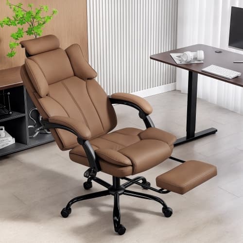 HOMCOM Office Chair with Pet-Friendly Fabric, Adjustable Headrest, Reclining Desk Chair with High Back, Footrest, Thick Cushion, Adjustable Height, Swivel Wheels, Brown