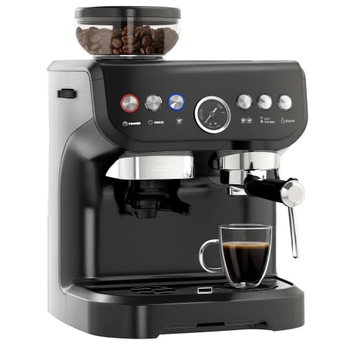HOMCOM Espresso Machine 15 Bar, Coffee Maker with Milk Frother, Fast Heating, Adjustable Temp, Grinder, Removable Water Tank for Barista Level, Espresso, Latte, Cappuccino, Black