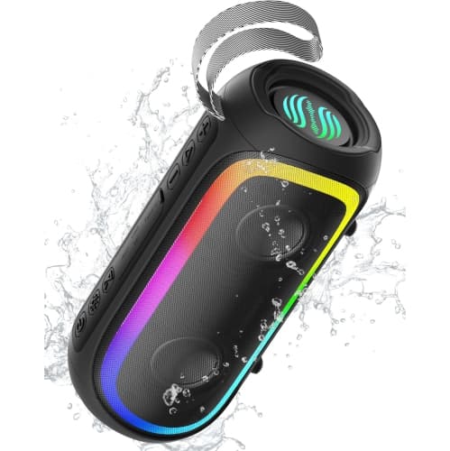 Portable Bluetooth Speaker, IPX6 Waterproof, 20W HiFi Stereo Sound with Deep Bass, 12H Playtime, BT 5.2 Wireless, 7 Color Lights