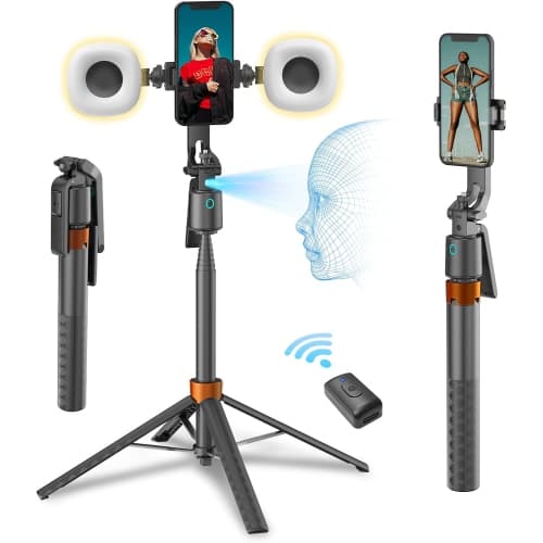 Auto Face Tracking Tripod for Phone,70" Travel Phone Tripod Stand with Light,Remote and Gesture Control,Selfie Stick for Video Recording TikTok Live Streaming