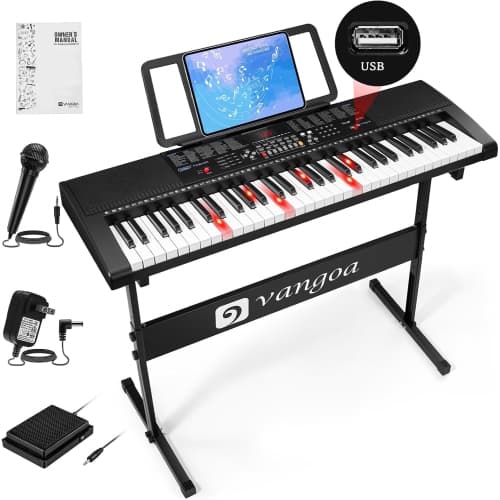 Vangoa VGK6101 61‑Key Lighted Beginner Piano Keyboard – Portable Electric Keyboard with Stand, Microphone & USB