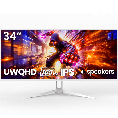 CRUA 34'' Ultrawide Gaming Monitor 165Hz/144Hz, 21:9 UWQHD 3440x1440P IPS Screen White Computer Monitors with Built-in Speakers, Supports FreeSync, 120%sRGB, PIP/PBP, HDMI 2.0 & DP