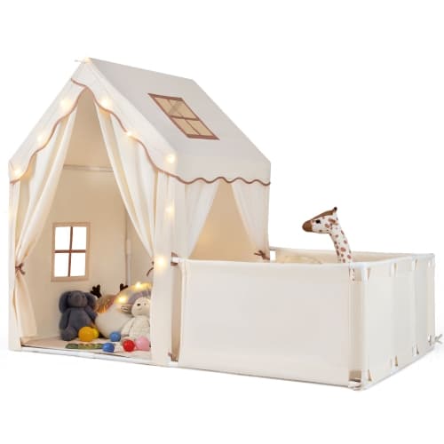 Gymax Kids Play Tent w/Playpen Yard Door Curtains Windows Star Lights for Boys Girls