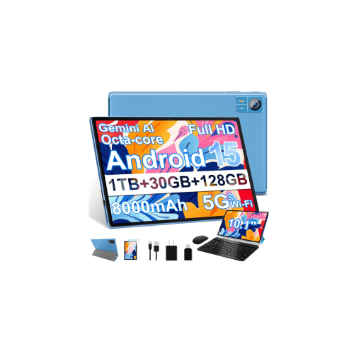 Android 15 Tablet 10.1 Inch, 30GB RAM + 128GB ROM, 1TB Expandable, Blue, with Keyboard & Mouse
