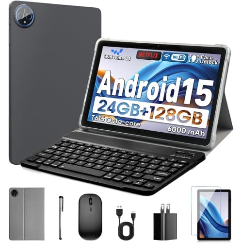Android 15 Tablet 10 Inch, 24GB RAM + 128GB ROM, Keyboard & Mouse, Gray