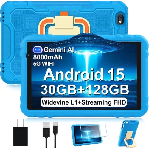 2025 Tablet 10 Inch Android 15, 30GB RAM + 128GB ROM + 1TB Expand, 8000mAh, Gemini AI, HD IPS, Metal Blue