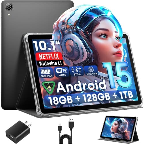 Android 15 Tablet 10 Inch, 18GB RAM + 128GB ROM, Dual Speakers, 1TB Expandable, WiFi 6, BT5.4, 6000mAh, GPS