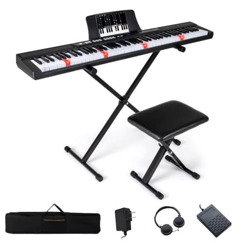 Costway 88-Key Electric Piano Keyboard with Adjustable Stand Stool, Light-up Keys & Buttons White/Black