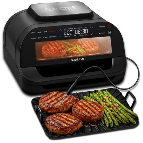 NutriChef Indoor Smokeless Grill – Smart Grill & Air Fryer, 7 Functions, 6L Capacity, Includes Smart Thermometer, Precise Temp Control, Non-Stick Removable Grill Plates.