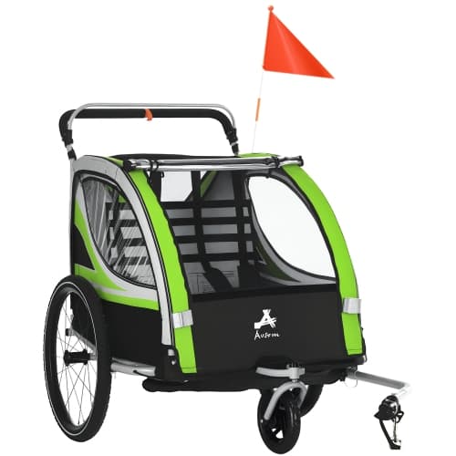 Aosom Baby Bike Trailer for Kids 2 Seater, 3-in-1 Walk/Jog/Ride High-Visibility Bike Stroller for Toddler Wagon, Weather-Strong Double Bicycle Trailer Accessory for Kids, Green