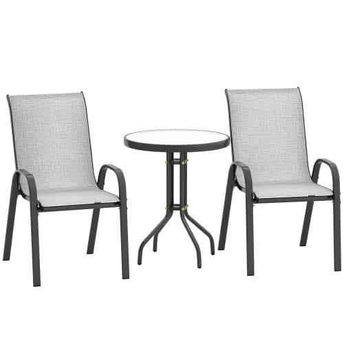 Outsunny 3 Piece Patio Furniture Set, Outdoor Bistro Set with Stackable Chairs and Glass Table, High Back Small Patio Sets for Garden, Balcony, Porch, Grey