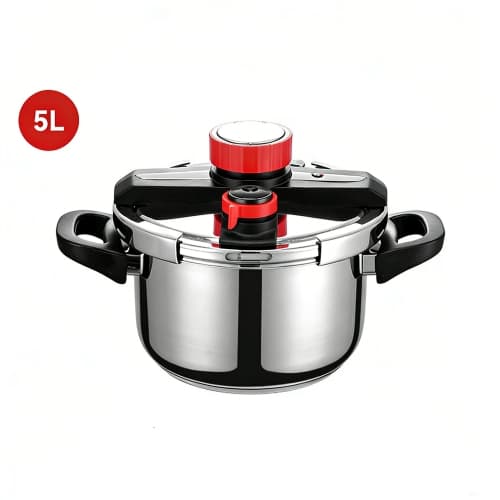 Stainless Steel Pressure Cooker 5.3 Quart / 5 Liter, One-Hand Locking, [3-In-1] Pressure Cooker, Induction Compatible and Gas Stovetop, Steamer Rack Include & Glass Lid