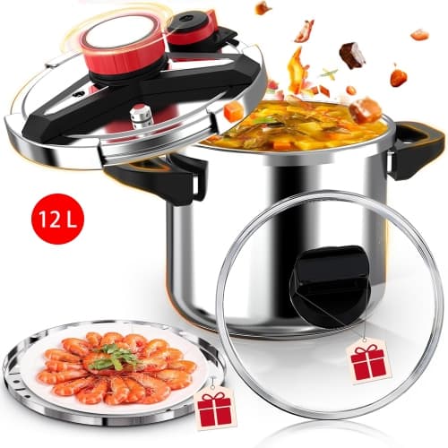 Stainless Steel Pressure Cooker 12.7 Quart / 12 Liter, One-Hand Locking, [3-In-1] Pressure Cooker, Induction Compatible and Gas Stovetop, Steamer Rack Include & Glass Lid