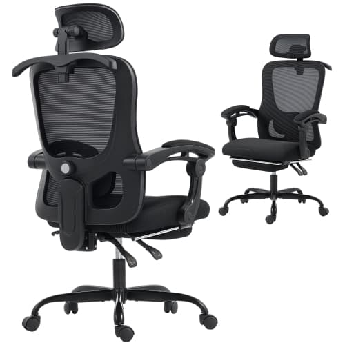 HOMCOM Ergonomic Office Chair, Mesh Computer Desk Chair with Adjustable Headrest, Lumbar Support, High Back, Reclining Function, Retractable Footrest, Black