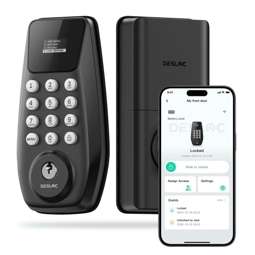 DESLOC C100 Plus Smart WiFi Door Lock with App Control, Smart Keypad Deadbolt for Front Door - Black