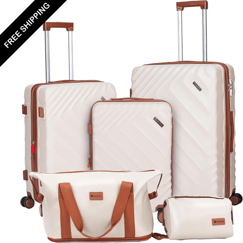 5 Piece Luggage Set Expandable Suitcase 22x14x9 Airline Approved Carry on, ABS Hard Case Suitcases with Spinner Wheels, TSA Lock, Beige, 5PCS, Central Hardside Expandable Luggage