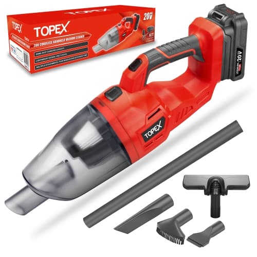TOPEX 20V Cordless Wet/Dry Handheld Vacuum for Home & Car with 120W Motor, Battery & Charger, 4 Nozzles