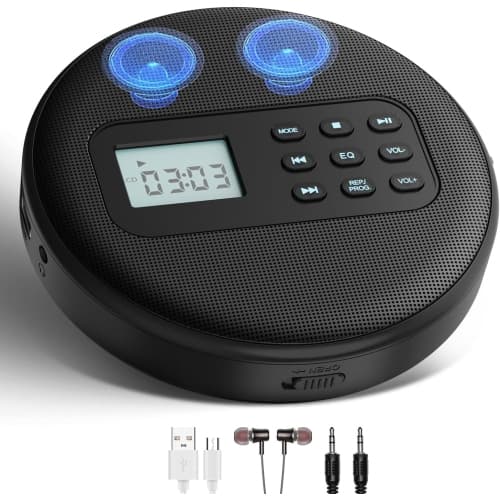 Portable CD Player with Speakers, Rechargeable Walkman CD Player for Car with Anti-Skip Protection, Disc CD Player with Headphones,