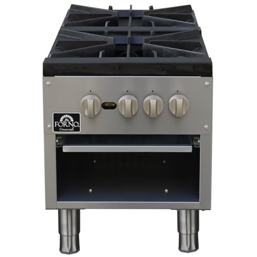 Forno Commerciale gas stock pot range, 2 powerful 3-ring burners, 160,000 BTU, durable stainless steel, heavy-duty cast iron grates