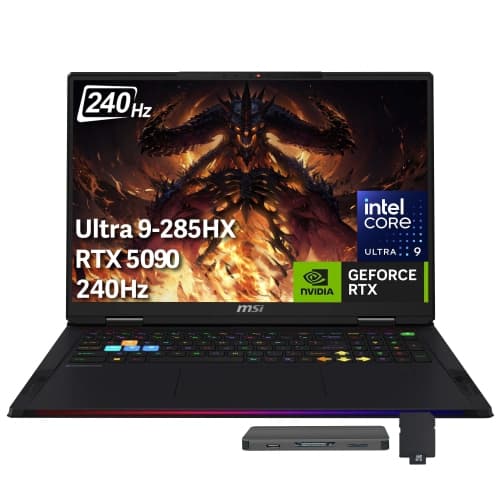 MSI Raider 18 HX 18" WQXGA 240Hz Gaming Laptop, Intel Ultra 9 285HX, GeForce RTX 5090, 64GB DDR5, 5TB Storage(4TB SSD+1TB Docking Station), Backlit Keyboard, Win 11 Pro, Black