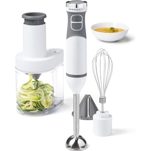 250W 10-Speed Hand Blender Set with 4 Attachments - Spiralizer, Whisk, Slicer & Fine Shredder for Smoothies, Purees & Healthy Noodles