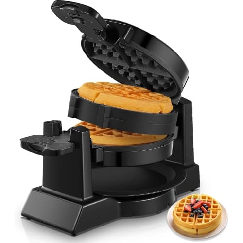 Double-layer waffle maker - 180° rotating iron plate, non-scorching and easy to clean, equipped with a detachable drip tray, saves space (black)