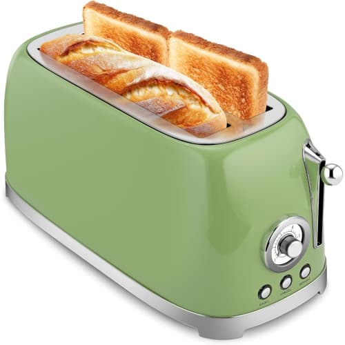 Retro 4-Slice Wide Slot Toaster - 1500W, 6 Browning Settings for Bagels & Bread, Defrost/Reheat, Removable Crumb Tray, Green Stainless Steel