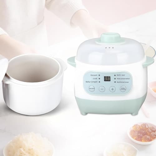 Green 1L Mini Smart Slow Cooker with Steamer - 200W, 24H Timer & Auto Keep-Warm, Ceramic Pot, Dry-Burn Protection