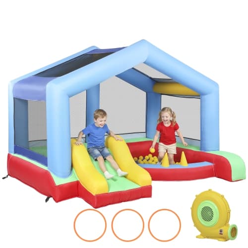 Qaba Bouncy Castle for Kids, Inflatable Bounce House with Slide, Ball Pit and Ring Toss Game, Jumping Castle with Sunshade and Blower for Indoor Outdoor Backyard Party Fun