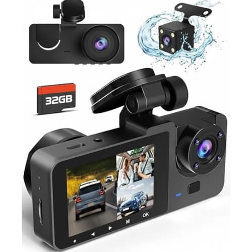 3 Channel Dash Cam,4K+1080P Dash Cam Front and Rear Inside,Triple Car Camera, Dash Camera for Cars with 32GB Card,Built-in 170°Wide Angle,2’’ IPS Display,24Hr Parking,Night Vision,