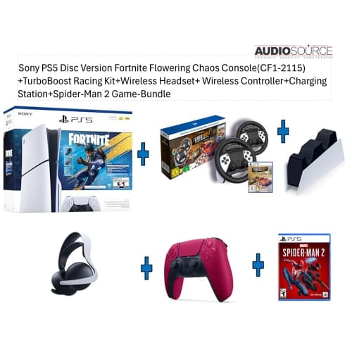 Sony PS5 Disc Version Fortnite Flowering Chaos Console(CF1-2115)+TurboBoost Racing Kit+Wireless Headset+ Wireless Controller+Charging Station+Spider-Man 2 Game-Bundle