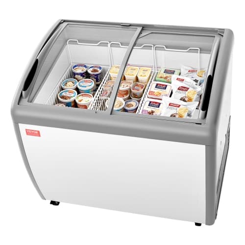 VEVOR 9.3 Cu.ft Commercial Ice Cream Display Case, Chest Freezer, -19 to 3℉ Temp Adjustable Mobile Top Deep Freezer with 3 Wire Baskets, 2 Sliding Glass Doors, LED Strip Lighting