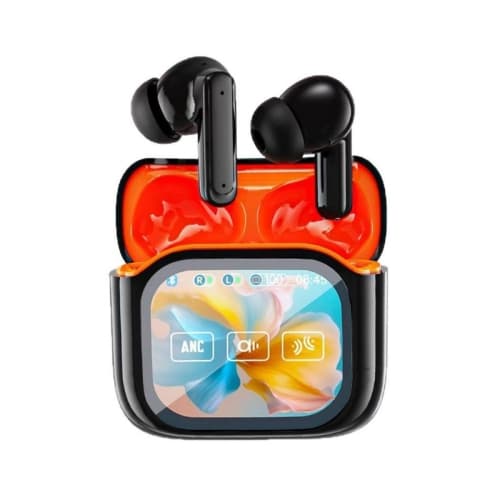 Wireless Bluetooth Earbuds with Digital Display, Noise Cancellation - For Travel, Workouts, - Black-Orange