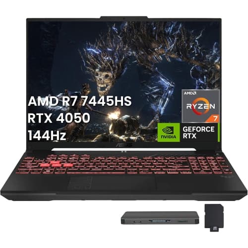 ASUS TUF A16 16" WUXGA 144Hz Gaming Laptop, AMD Ryzen 7 7445HS, GeForce RTX 4050 Graphics, 32GB DDR5, 1TB SSD, 1-Zone RGB Backlit Keyboard, Win 11, Gray, 1TB Docking Station Set