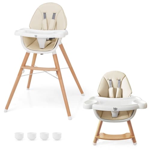 Costway Baby High Chair Wooden Feeding Chair with 4-Gear Tray & Removable Cushion