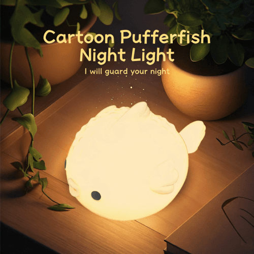 Cute Pufferfish Silicone Night Light, Tap Control with 30min Timer, Color Changing, Rechargeable for Bedroom, Nursery