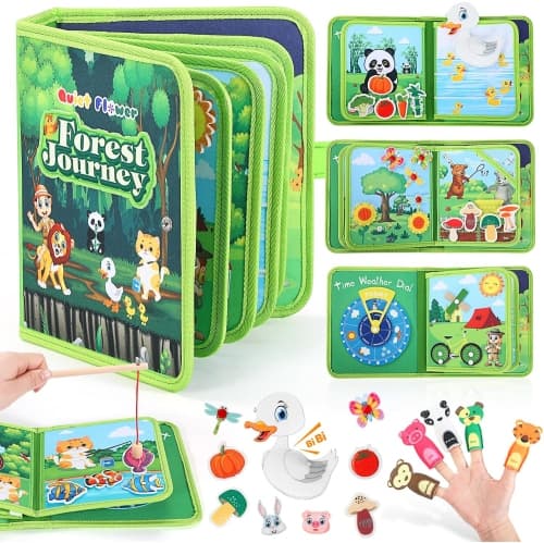 Felt Busy Board Quiet Book, Baby Sensory Board Learning Activity Travel Toy, Develops Fine Motor Skills - Baby Finger Training [Forest Adventure] Embroidered Velcro