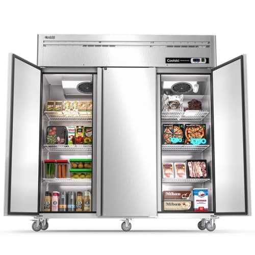 Coolski 72.8 in. 54 cu. ft. Auto / Cycle Defrost Commercial Freezer Reach in 3 Door Upright Freezer in Stainless Steel
