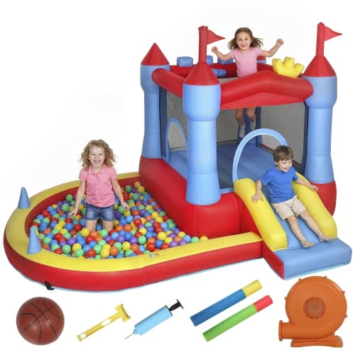Qaba Bouncy Castle for Kids, 11.2x8.4FT Inflatable Bounce House with Slide, Pool/Ball Pit, Basketball Hoop, Jumping Castle with Basketball, Water Blaster, Blower for Indoor Outdoor