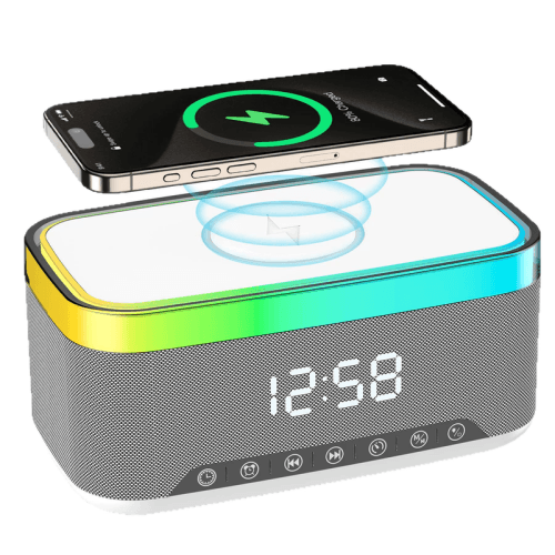 Smart Bluetooth speaker with creative desktop night light, wireless charger, induction bedside ambiance lamp, and audio. Color: white