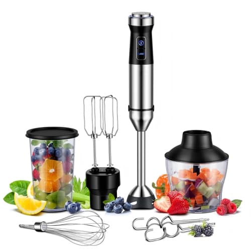 Hand Blender 1000W, 6-in-1 Immersion Blender Handheld with 20 Speed and Turbo Mode, With Dough Hooks, Egg Beaters, Whisk, 800ml Beaker, 600ml Chopper, BPA Free