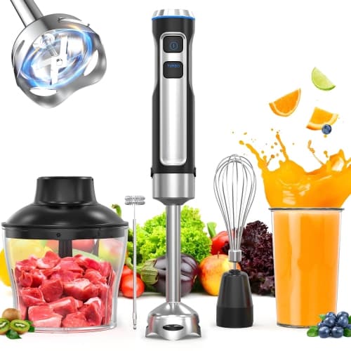 Powerful Hand Blender, Electric Immersion Blender 1000W with 21 Speed and Turbo Mode, 5-in-1 Handheld Blender, Milk Frother, Egg Whisk, 800ml Beaker, 600ml Chopper and 304 Stainles