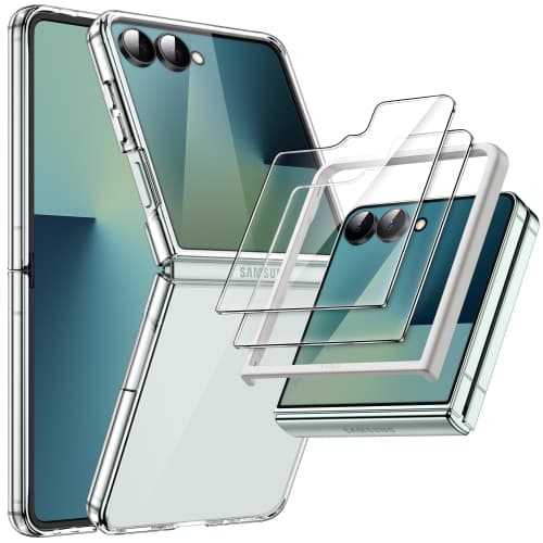 Case for Samsung Galaxy Z Flip 7 2025 with 2-Pack Tempered Glass Front Screen Protector, Crystal Clear, Anti-Scratch Transparent Hard PC Shell, Protective Phone Cover